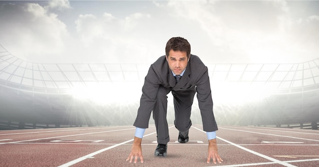 Photo digitally generated image of businessman at starting point on racing track