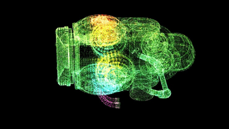 Photo digitally generated image of machinery against black background