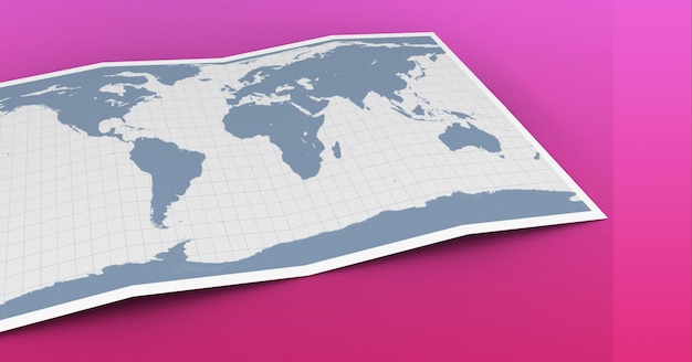 Photo digitally generated image of world map against pink gradient background