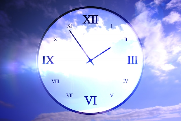 數碼生成的羅馬數字鐘在藍色天空背景上