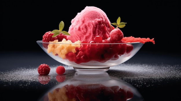 Photo digitally manipulated ice cream with fresh raspberries