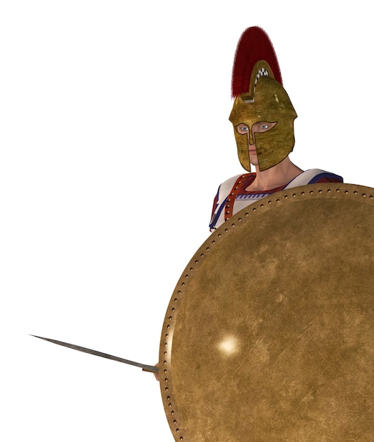 Оформленный в цифровом виде солдат древнего Рима с золотым щитом и мечом, 3d иллюстрация.