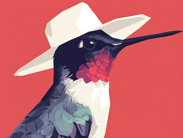 A digitally stylized illustration of a hummingbird wearing a hat depicted in vibrant colors