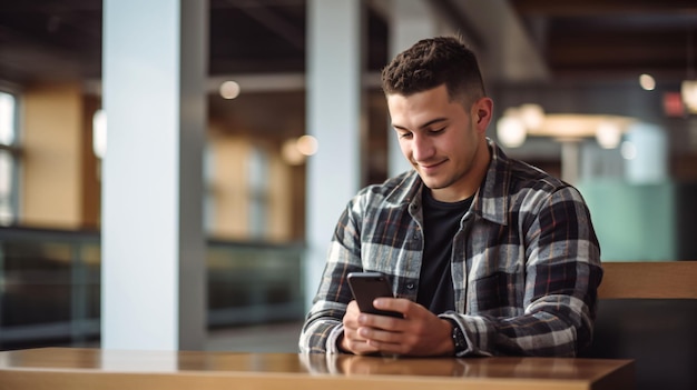 A digitalnomad in a gray plaid shirt sits in a chair looking at his phone