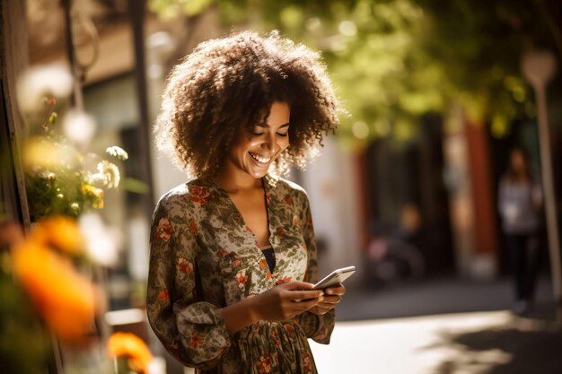 花柄のドレスを着て縁石に立って携帯電話を見ているデジタルノマドの女性