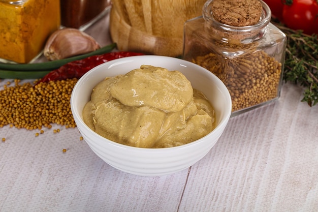 Dijon mustard sauce in the bowl