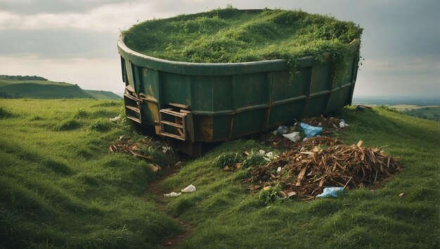 dik groen gras en vegetatie groeien in een klein plastic zwembad gegooid in het vuilnis