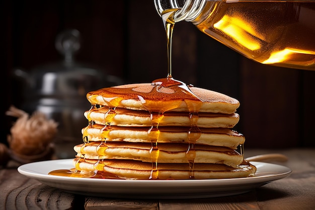 Dikke ahornsiroop op verse pannenkoeken