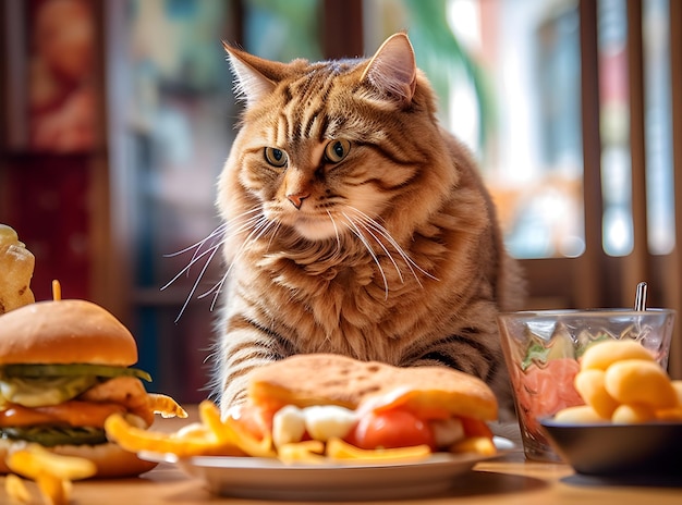 dikke boze kat in de sportschool of voor junkfood in restaurant hamburger gebakken aardappelen