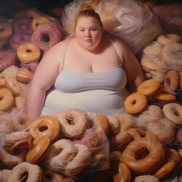 Foto dikke jonge vrouw in een stapel donuts