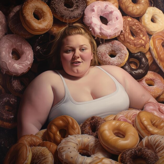 Foto dikke jonge vrouw in een stapel donuts