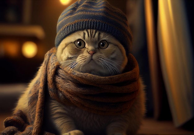 Dikke kat in warme kleren in de winter