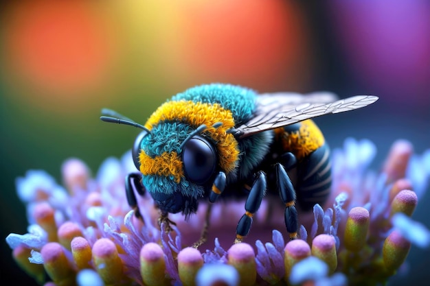 Dikke kleine speelgoedblebee op bloeiende bijenbloem