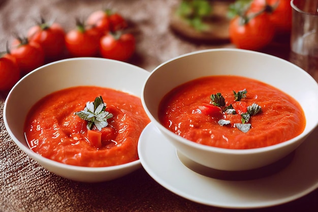 Dikke smakelijke felrode gazpacho op tafel met verse tomaten