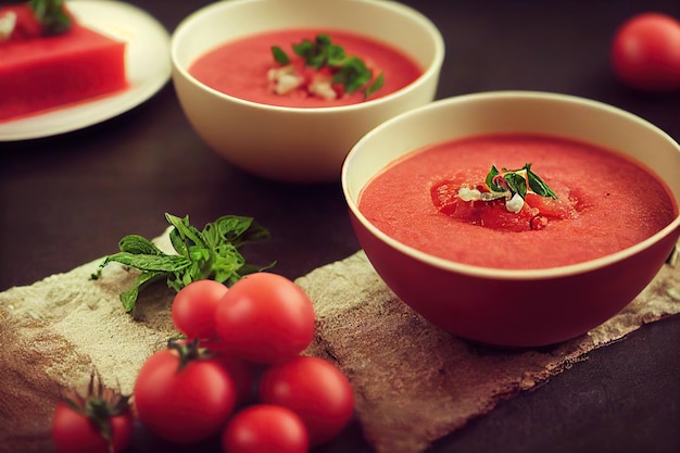 Dikke smakelijke felrode gazpacho op tafel met verse tomaten