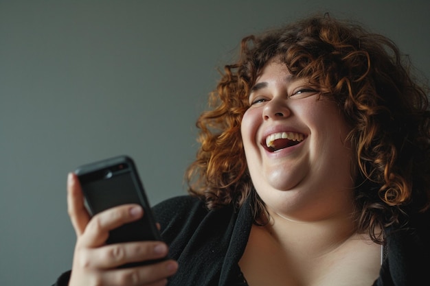 dikke vrouw met haar telefoon en glimlachend