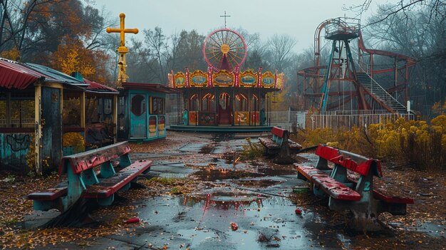 Photo a dilapidated amusement park with rusted rides wallpaper