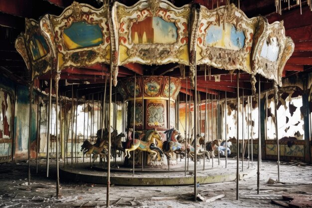 Photo dilapidated carousel with chipped paint and cobwebs created with generative ai