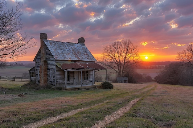 Photo dilapidated homestead fading into a rural sunset the wood blurs with the horizon
