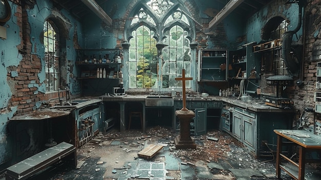 Photo a dilapidated laboratory with broken equipment wallpaper