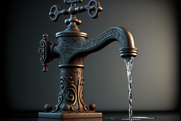 Photo dilapidated metal tap spouting water