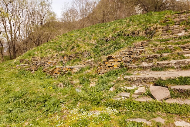 A dilapidated staircase near the Northern Temple in the Alan settlement on Arkhyz