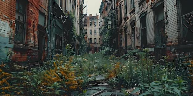 Dilapidated urban landscape with crumbling buildings and overgrown vegetation in foreground Concept Urban Decay Abandoned Buildings Overgrown Vegetation Dilapidated Landscapes