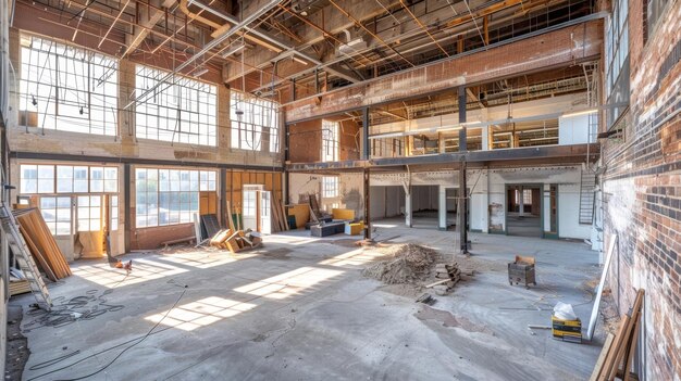 Photo a dilapidated warehouse being transformed into a modern multiuse space representing the physical