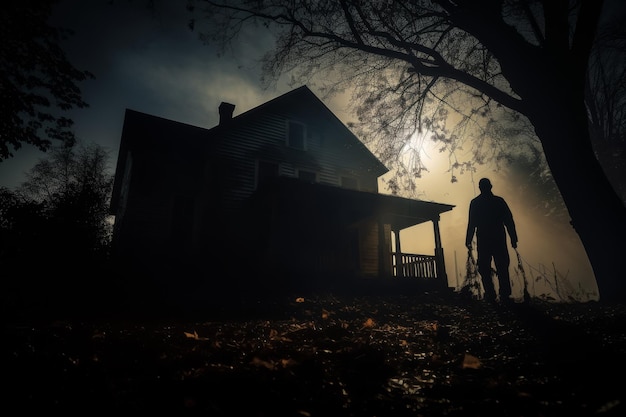 Dilapidated wooden house under a large moon with a figure at the entrance