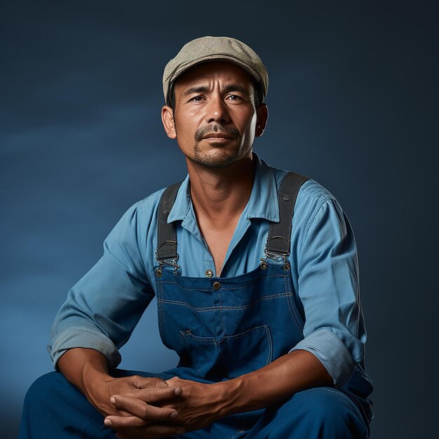 Упорный сельскохозяйственный рабочий на синем фоне