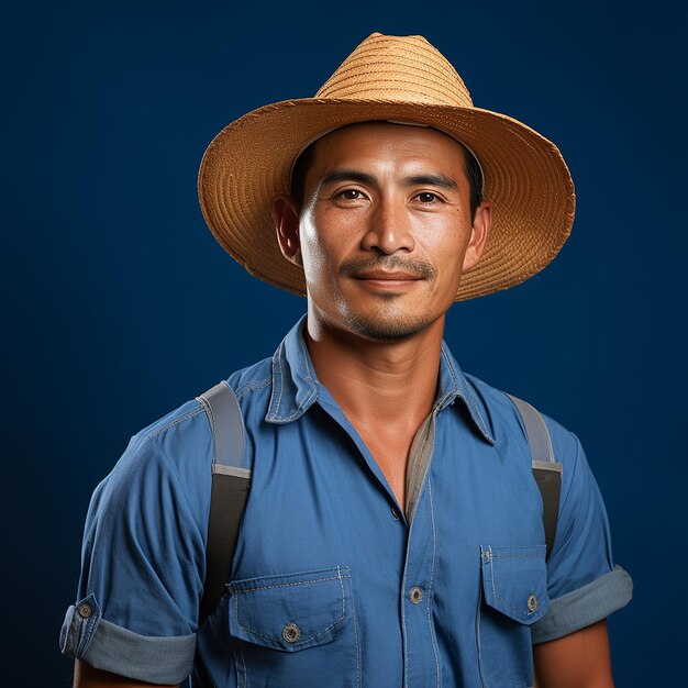 Diligent Agricultural Laborer on Solid Blue Background