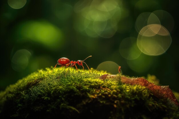 Diligent ant carrying giant leaf in lush forest generative IA