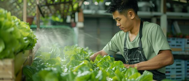 Photo the diligent asian farmer cultivating fresh organic greens indoors