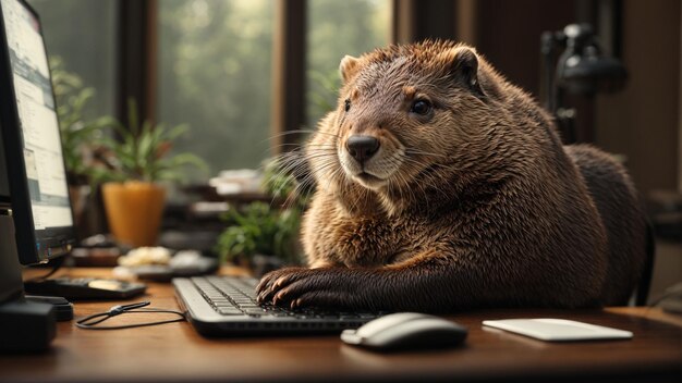 A diligent beaver working on a desktop computer designing intricate dams in a virtual environment