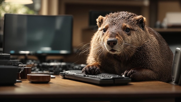 A diligent beaver working on a desktop computer designing intricate dams in a virtual environment