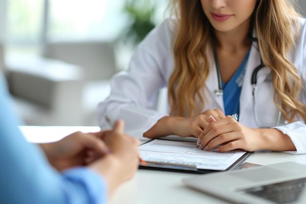 열심히 일 하는 한 여성 의사 는 클리닉 에서 진료 상담 을 하는 동안 디지털 태블릿 에서 환자 와 건강 기록 을 논의 한다