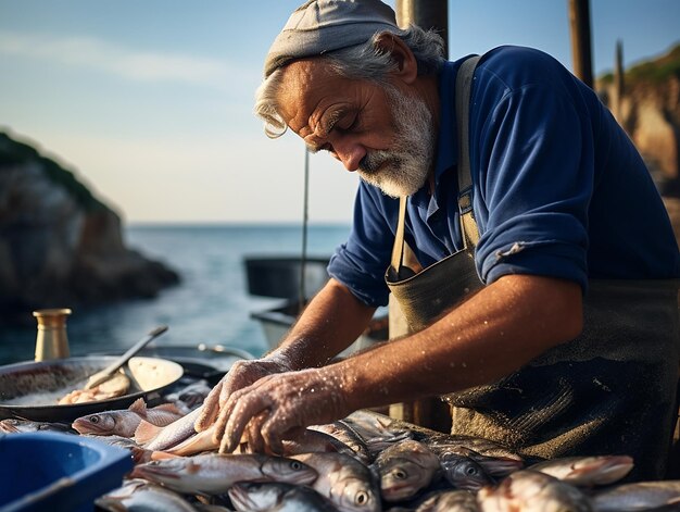 Foto un pescatore diligente pulisce e prepara la pesca