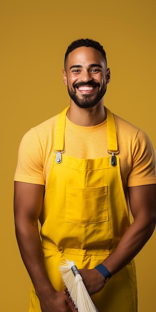 Diligent Janitor on Solid Yellow Background
