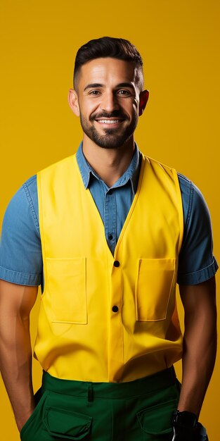 Photo diligent janitor on solid yellow background