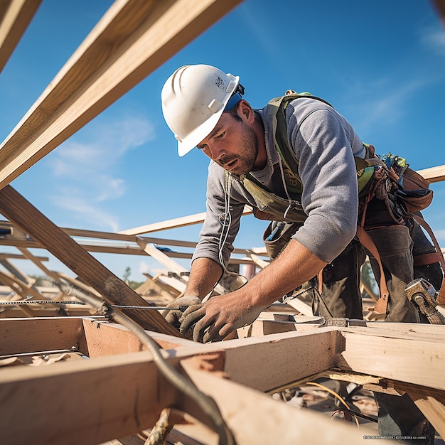 建設 現場 で 屋根 の 構造 を 作っ て いる 勤勉 な 屋根 職人