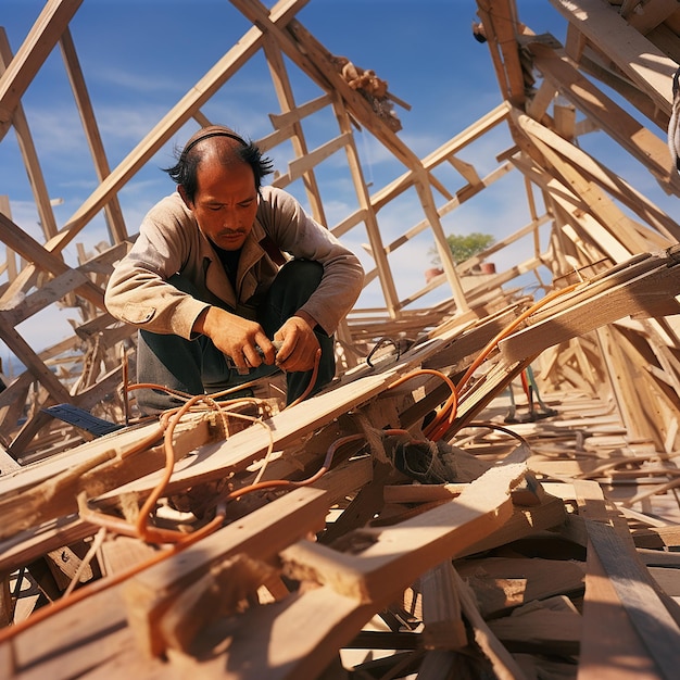Diligent Roofer Carpenter Working on Roof Structure at Construction Site