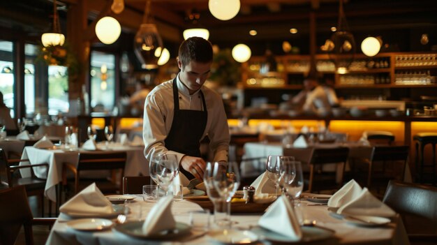 Foto una diligente cameriera dispone meticolosamente i tavoli adornandoli di eleganti tovaglie e di eleganti piatti da tavola prima di una serata affollata in un ristorante alla moda