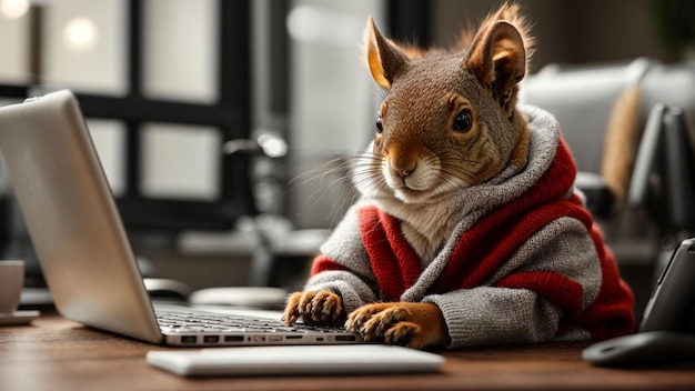 A diligent squirrel in a cozy sweater sitting at a desktop computer and working on a spreadsheet