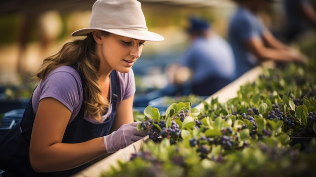 A diligent woman at a vibrant berry farm gently sorting through blueberries ensuring only the best are selected