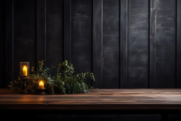 Photo dim lamp wooden table with a black background