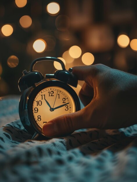 Photo the dim light of dawn gently illuminates a hand reaching for a vintage alarm clock a quiet moment in the early morning hours