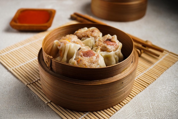 Dim sum in a bamboo steam