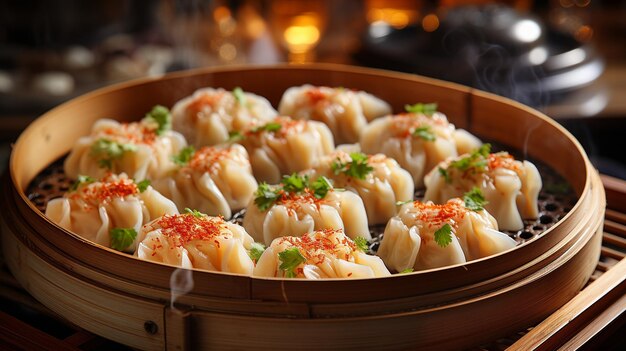 Dim sum cooked in a bamboo steamer