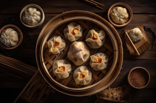 Dim Sum Dumplings Steamed Chinese Buns Dumplings Jiaozi Dimsum Momo Abstract Generative AI Illustration