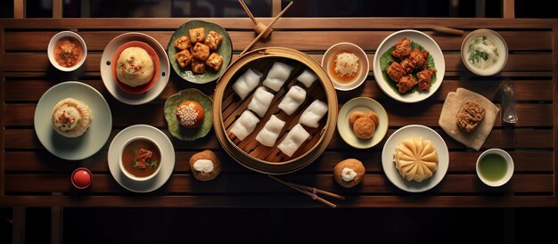 Dim sum op een houten tafel